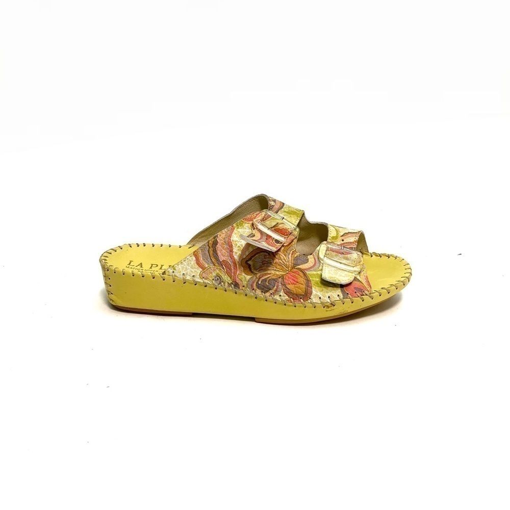 Vintage Y2K deadstock chartreuse leather floral print buckle strap sandals